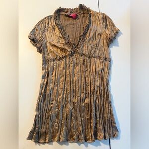 Sunny Leigh y2k babydoll top w/ crinkles & ruffle edges sz S Metallic Brown
